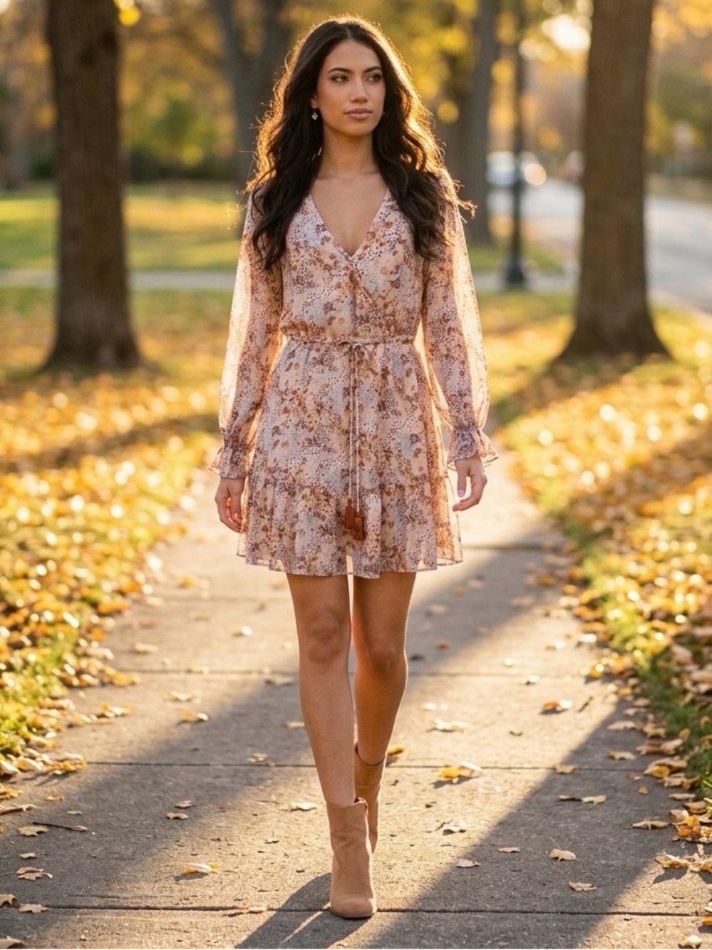 Aakaa Floral Boho Wrap Mini Dress Tassel Tie Long Sleeve Size Small